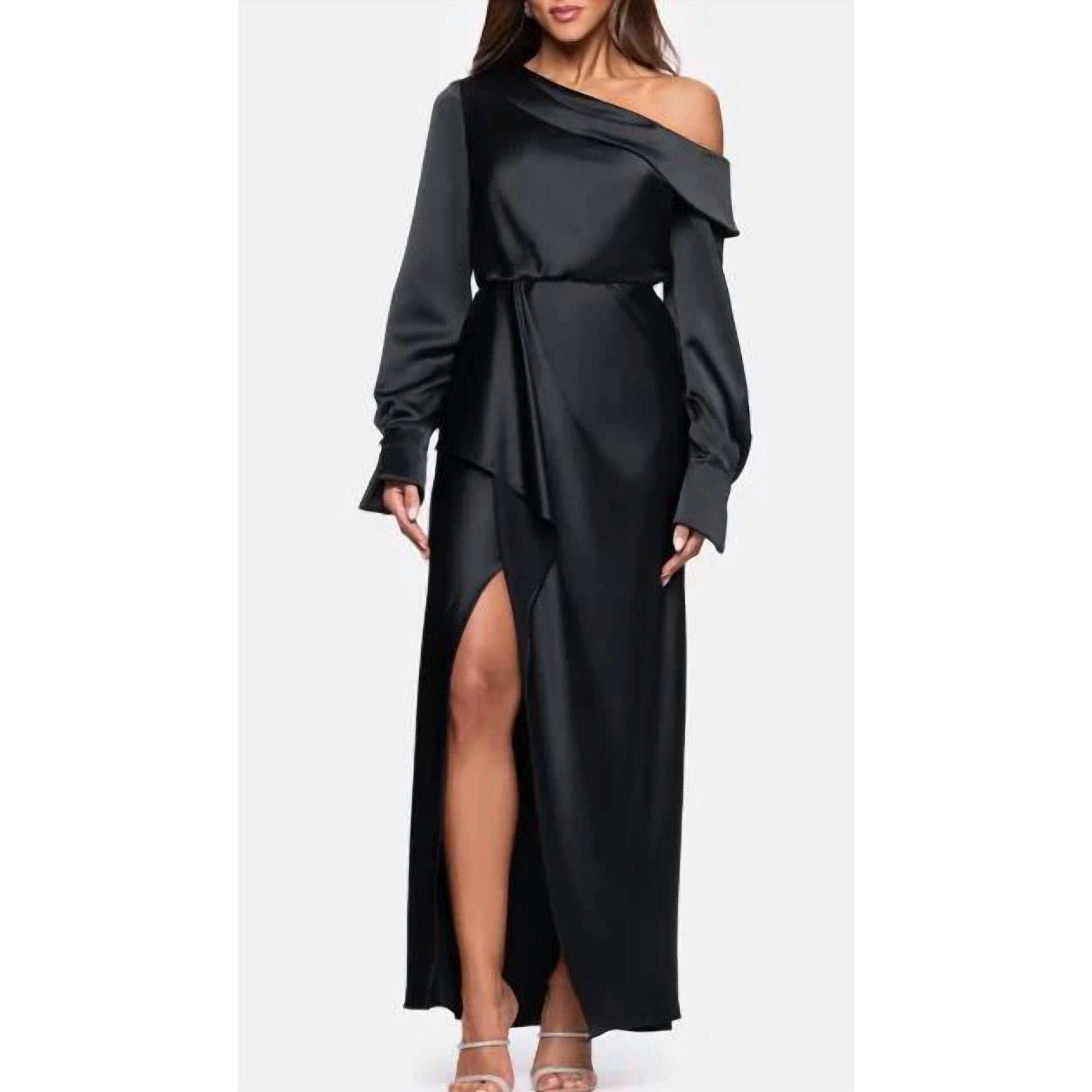 New Xscape Satin Off Shoulder Long Sleeve Maxi Dress In Black